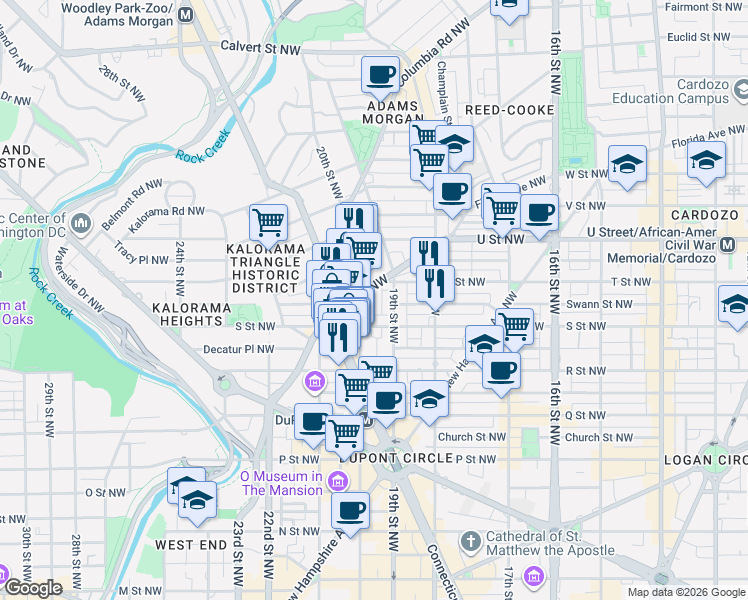 map of restaurants, bars, coffee shops, grocery stores, and more near 1908 Florida Avenue Northwest in Washington