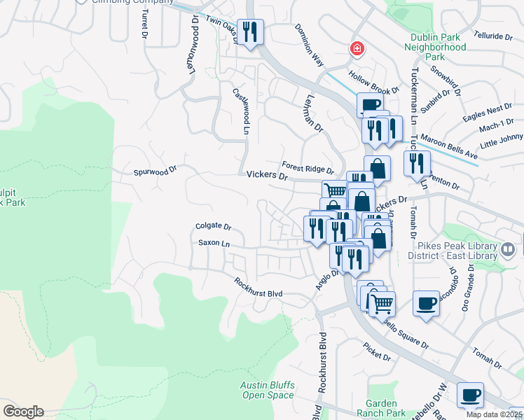 map of restaurants, bars, coffee shops, grocery stores, and more near 5702 Appalachian View in Colorado Springs