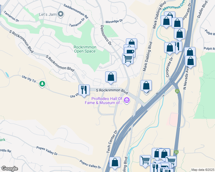 map of restaurants, bars, coffee shops, grocery stores, and more near Tech Center Drive in Colorado Springs