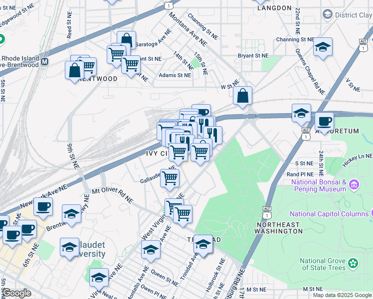 map of restaurants, bars, coffee shops, grocery stores, and more near 1408 Okie Street Northeast in Washington