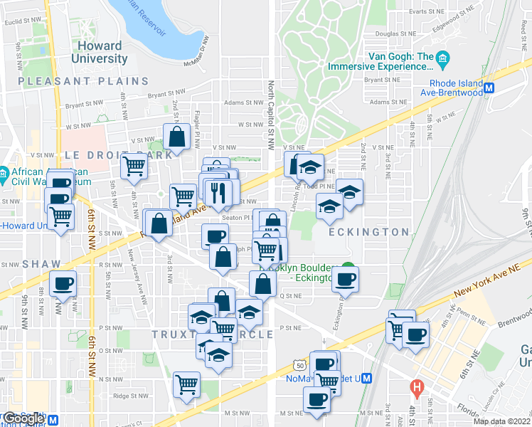 map of restaurants, bars, coffee shops, grocery stores, and more near 101 Independence Avenue Southeast in Washington