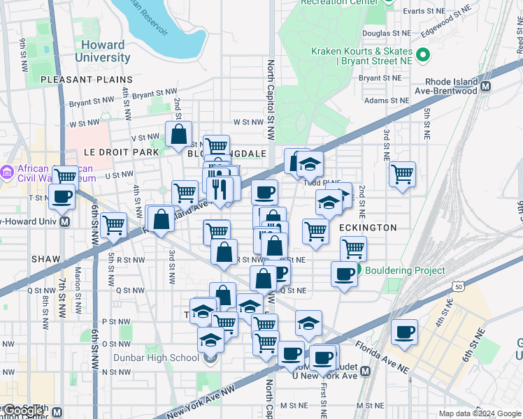 map of restaurants, bars, coffee shops, grocery stores, and more near 101 Independence Avenue Southeast in Washington