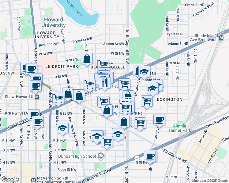 map of restaurants, bars, coffee shops, grocery stores, and more near 101 Independence Avenue Southeast in Washington