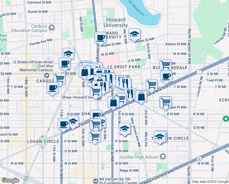map of restaurants, bars, coffee shops, grocery stores, and more near 101 Independence Avenue Southeast in Washington