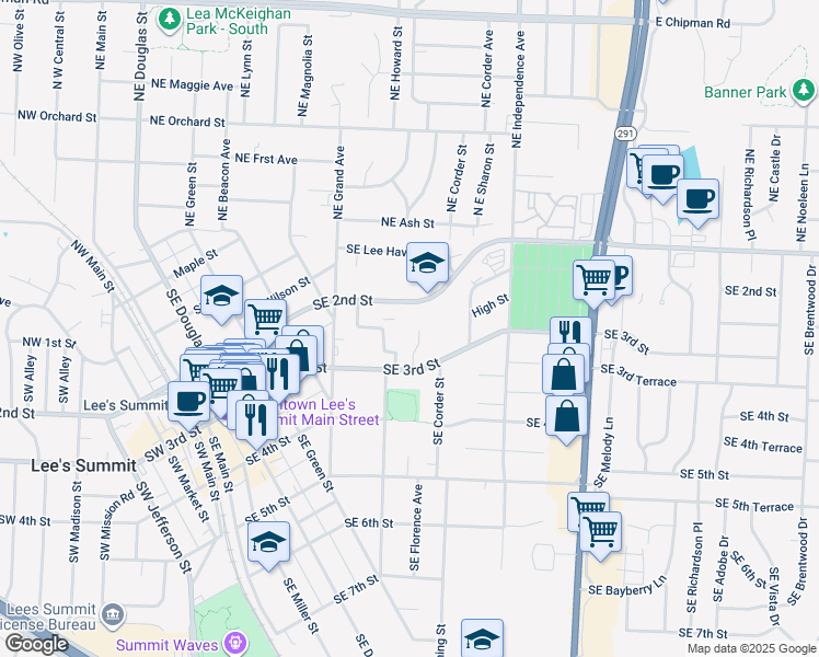 map of restaurants, bars, coffee shops, grocery stores, and more near 242 Southeast Florence Avenue in Lee's Summit
