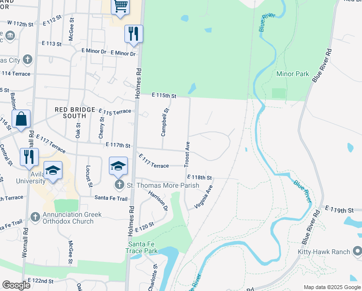 map of restaurants, bars, coffee shops, grocery stores, and more near 1111 East 117th Street in Kansas City