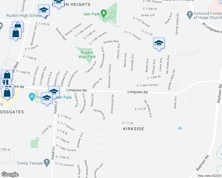 map of restaurants, bars, coffee shops, grocery stores, and more near 8201 Longview Road in Kansas City