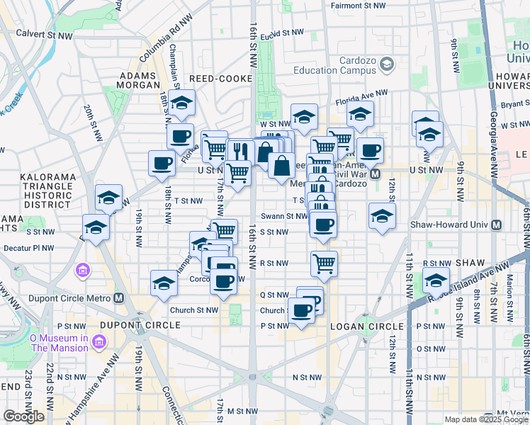 map of restaurants, bars, coffee shops, grocery stores, and more near 1523 Swann Street Northwest in Washington