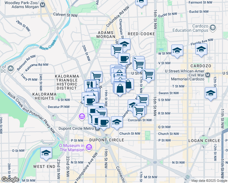 map of restaurants, bars, coffee shops, grocery stores, and more near 1817 Swann Street Northwest in Washington