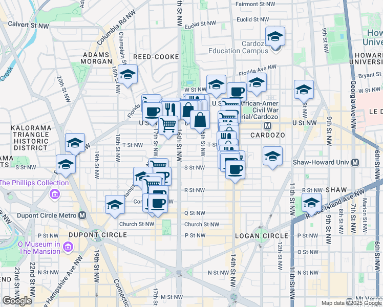 map of restaurants, bars, coffee shops, grocery stores, and more near 1513 Swann Street Northwest in Washington