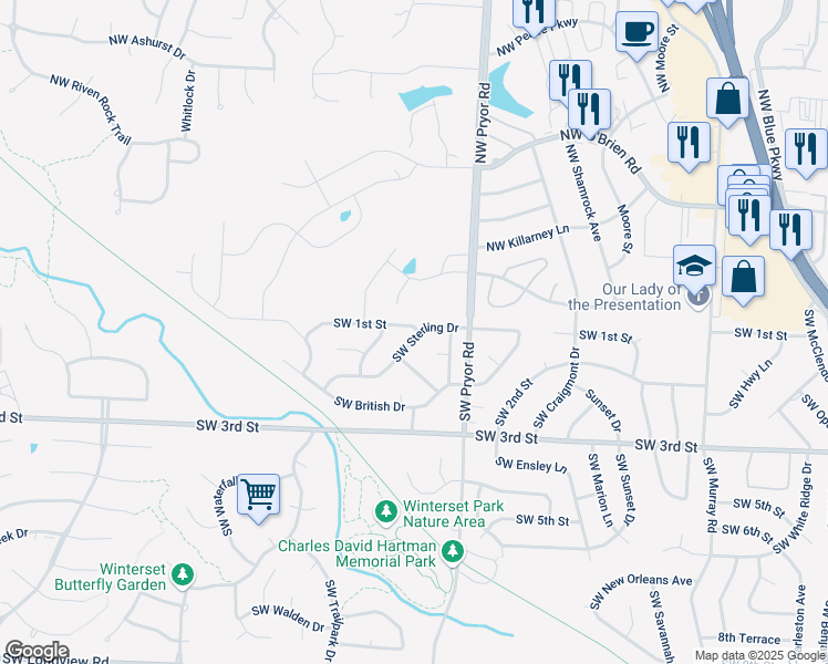 map of restaurants, bars, coffee shops, grocery stores, and more near 2036 Southwest Sterling Drive in Lee's Summit