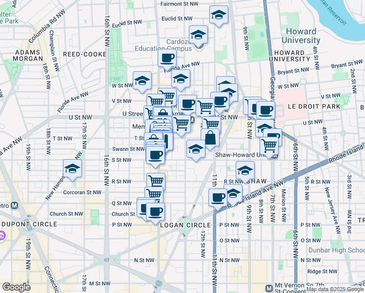 map of restaurants, bars, coffee shops, grocery stores, and more near 1830 13th Street Northwest in Washington