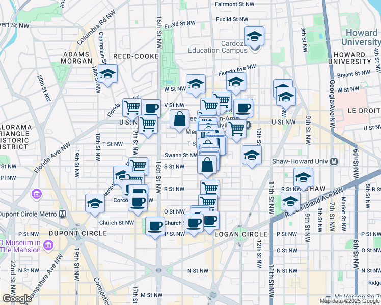 map of restaurants, bars, coffee shops, grocery stores, and more near 1451 Swann Street Northwest in Washington