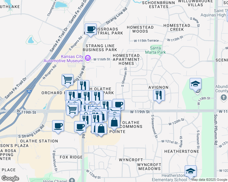 map of restaurants, bars, coffee shops, grocery stores, and more near 11750 South Shannan Street in Olathe