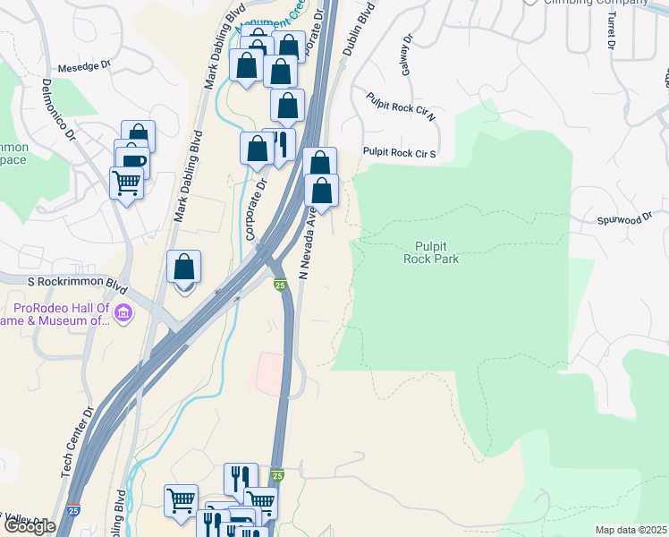 map of restaurants, bars, coffee shops, grocery stores, and more near 5875 North Nevada Avenue in Colorado Springs