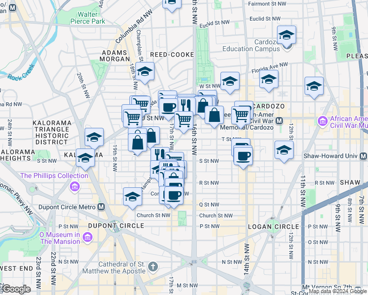 map of restaurants, bars, coffee shops, grocery stores, and more near 1617 Swann Street Northwest in Washington