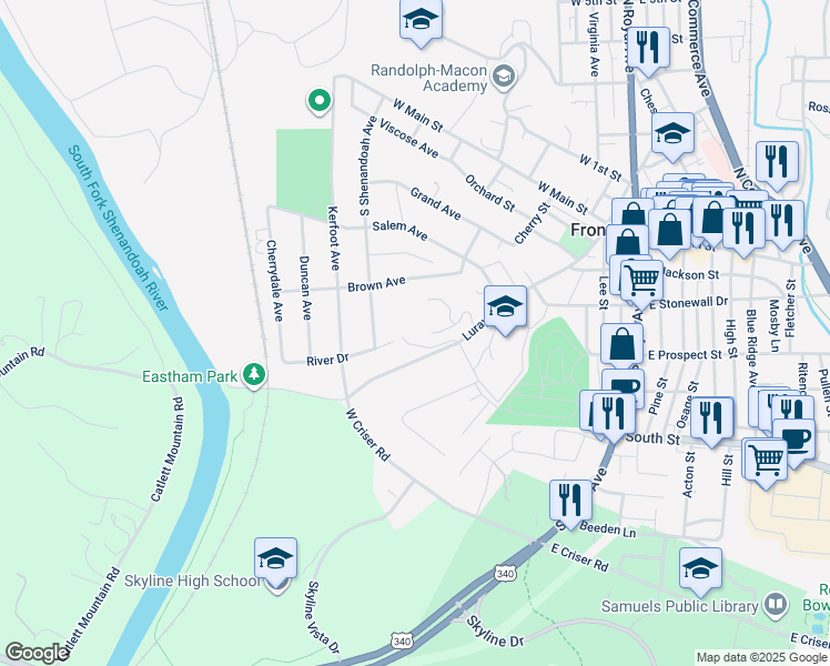 map of restaurants, bars, coffee shops, grocery stores, and more near 319 Peakova Lane in Front Royal