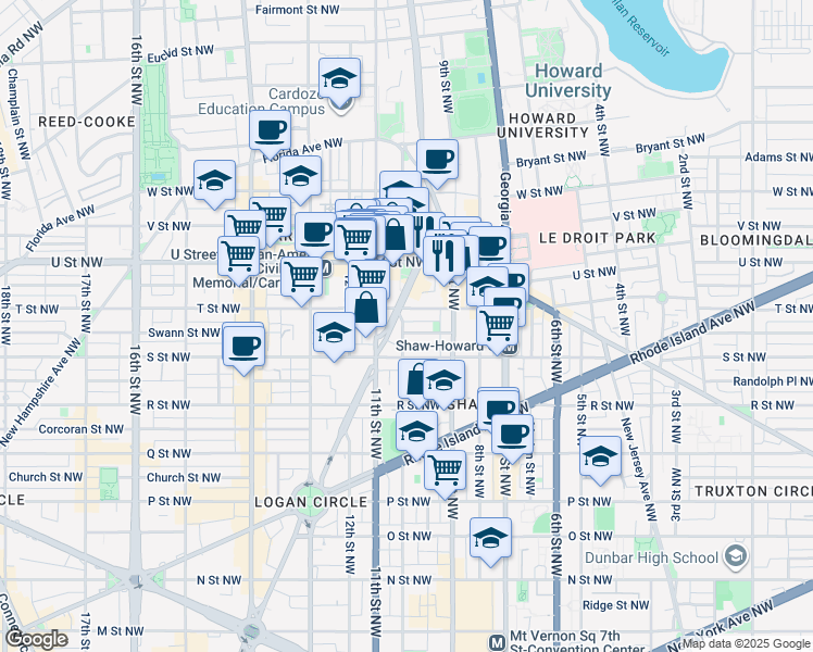 map of restaurants, bars, coffee shops, grocery stores, and more near 1819 10th Street Northwest in Washington