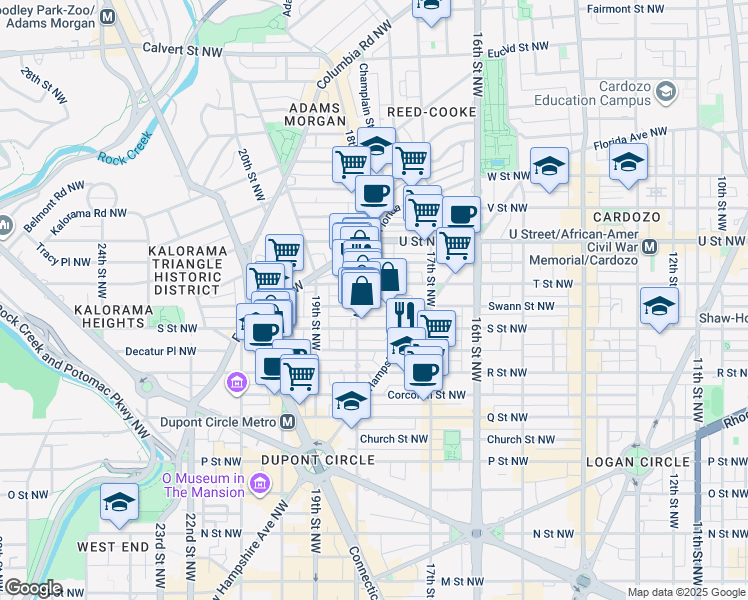 map of restaurants, bars, coffee shops, grocery stores, and more near 1765 Swann Street Northwest in Washington