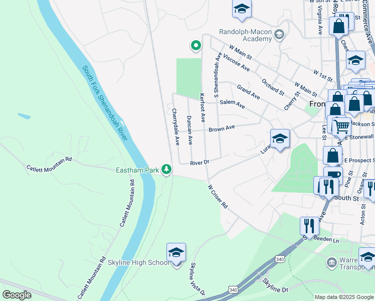 map of restaurants, bars, coffee shops, grocery stores, and more near 418 Duncan Avenue in Front Royal