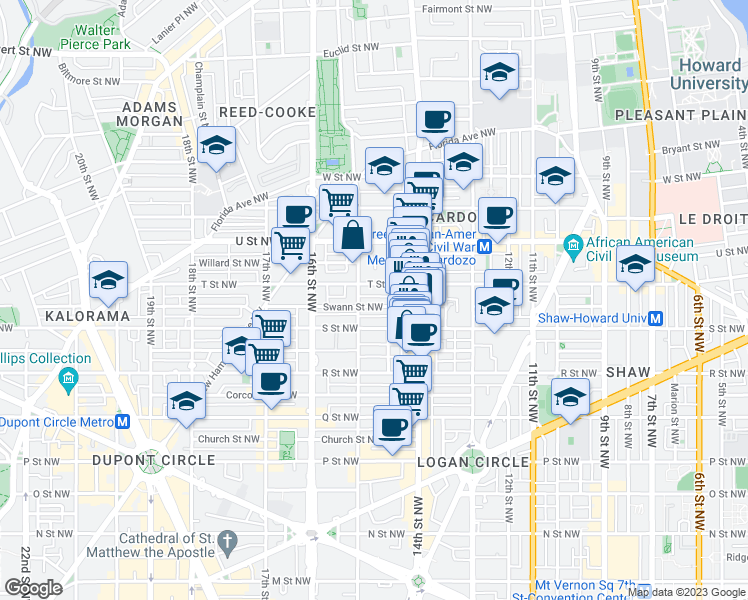 map of restaurants, bars, coffee shops, grocery stores, and more near 1451 Swann Street Northwest in Washington