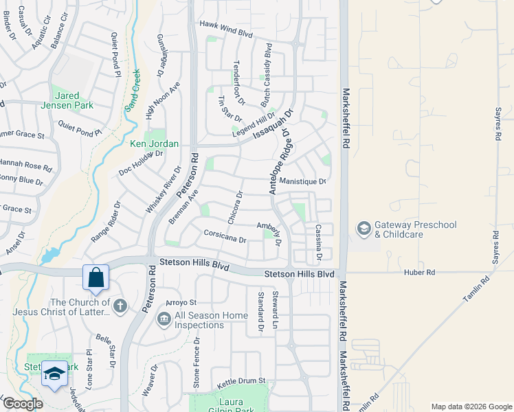 map of restaurants, bars, coffee shops, grocery stores, and more near 7446 Flathead Lake Drive in Colorado Springs