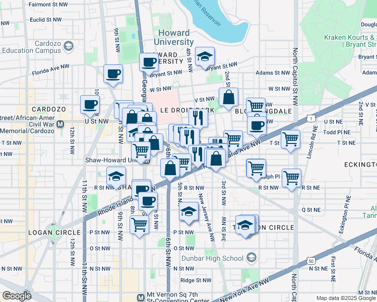 map of restaurants, bars, coffee shops, grocery stores, and more near 101 Independence Avenue Southeast in Washington