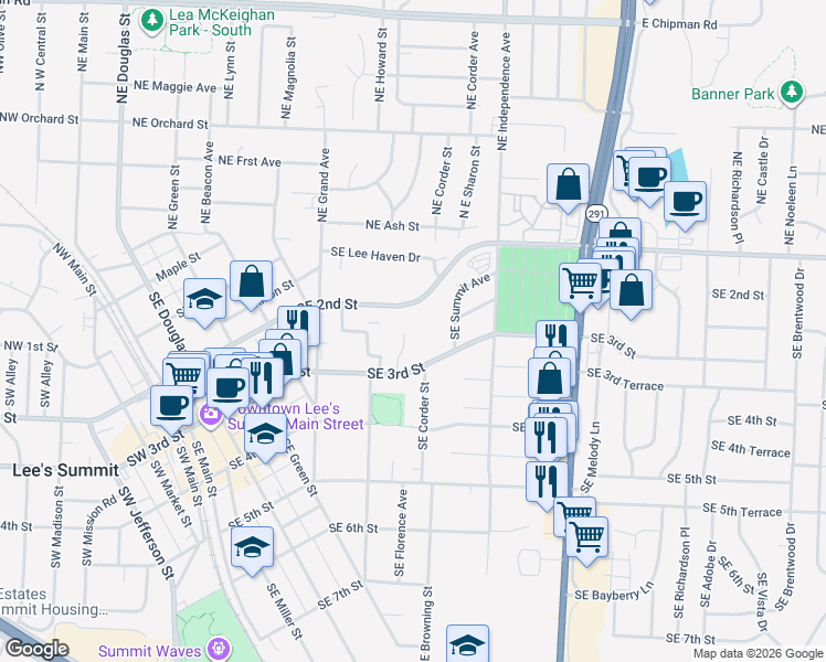 map of restaurants, bars, coffee shops, grocery stores, and more near 518 Southeast 3rd Street in Lee's Summit