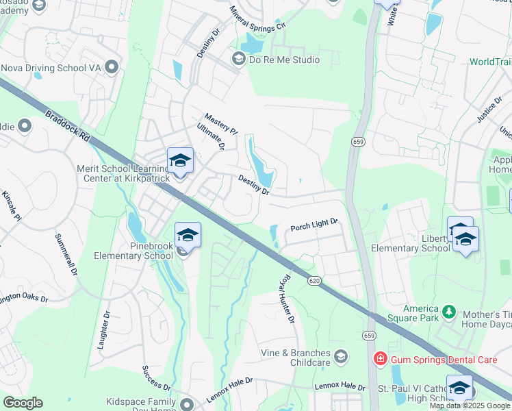 map of restaurants, bars, coffee shops, grocery stores, and more near 25451 Vacation Place in Aldie