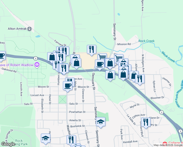 map of restaurants, bars, coffee shops, grocery stores, and more near 2500 Seminary Street in Alton