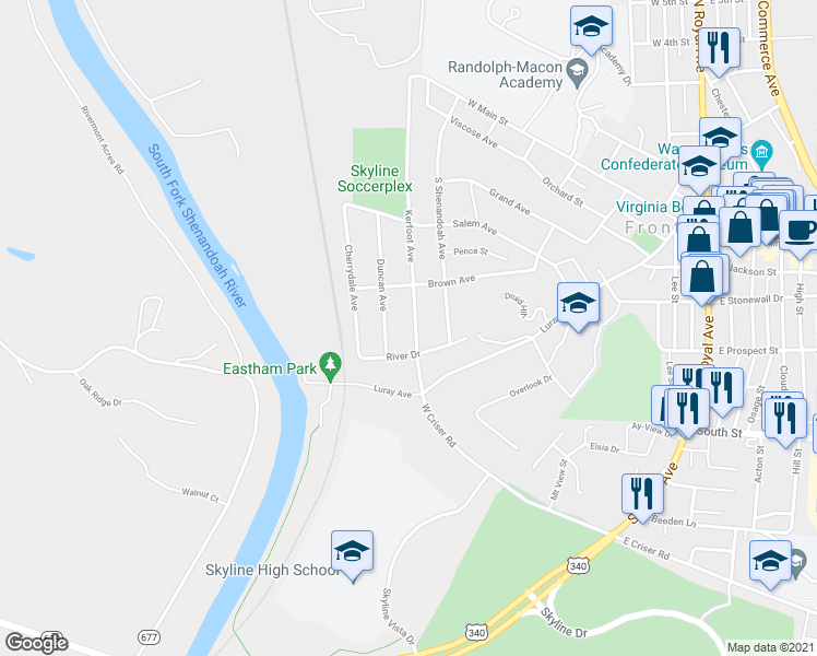 map of restaurants, bars, coffee shops, grocery stores, and more near 420 Kerfoot Avenue in Front Royal