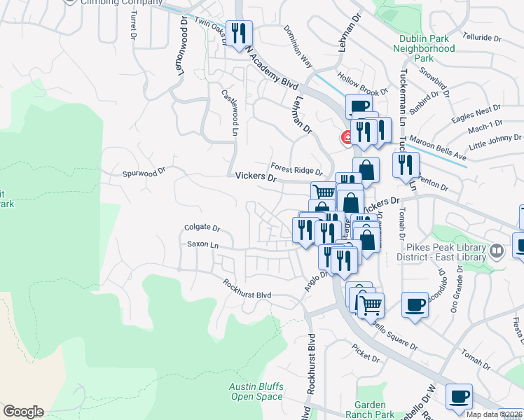 map of restaurants, bars, coffee shops, grocery stores, and more near 5702 Appalachian View in Colorado Springs