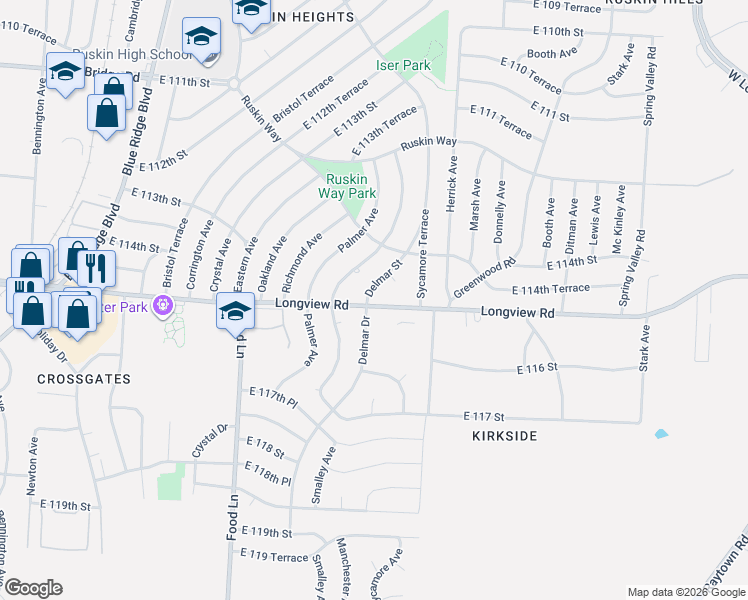 map of restaurants, bars, coffee shops, grocery stores, and more near 11505 Delmar Drive in Kansas City