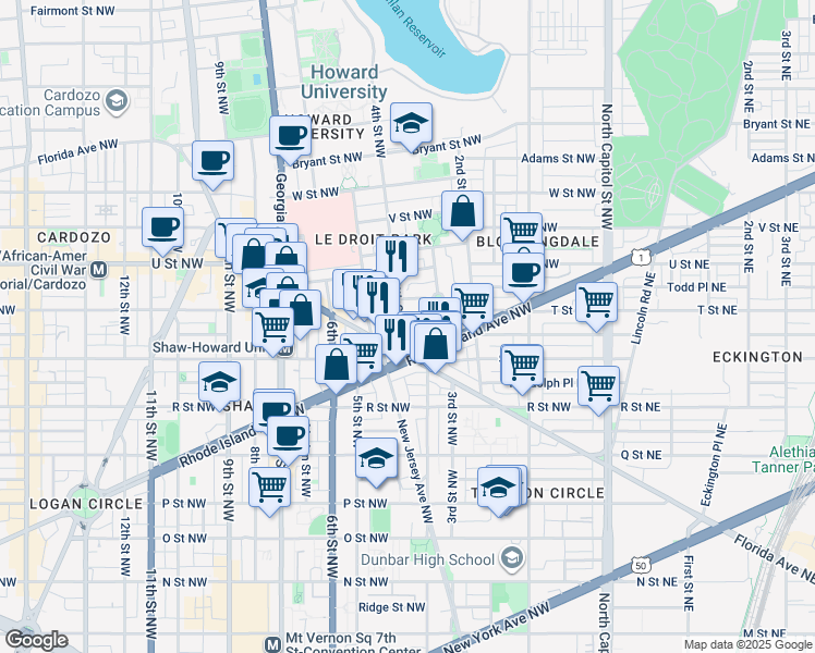 map of restaurants, bars, coffee shops, grocery stores, and more near 407 Florida Avenue Northwest in Washington