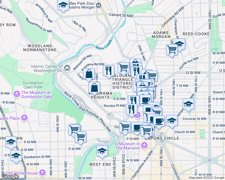 map of restaurants, bars, coffee shops, grocery stores, and more near 1821 23rd Street Northwest in Washington