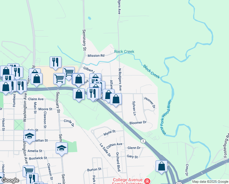 map of restaurants, bars, coffee shops, grocery stores, and more near 2509 Alfaretta Avenue in Alton