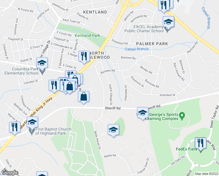 map of restaurants, bars, coffee shops, grocery stores, and more near 1790 Dutch Village Drive in Hyattsville