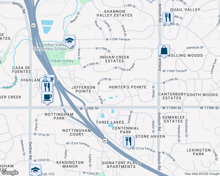 map of restaurants, bars, coffee shops, grocery stores, and more near 9800 West 118th Street in Overland Park
