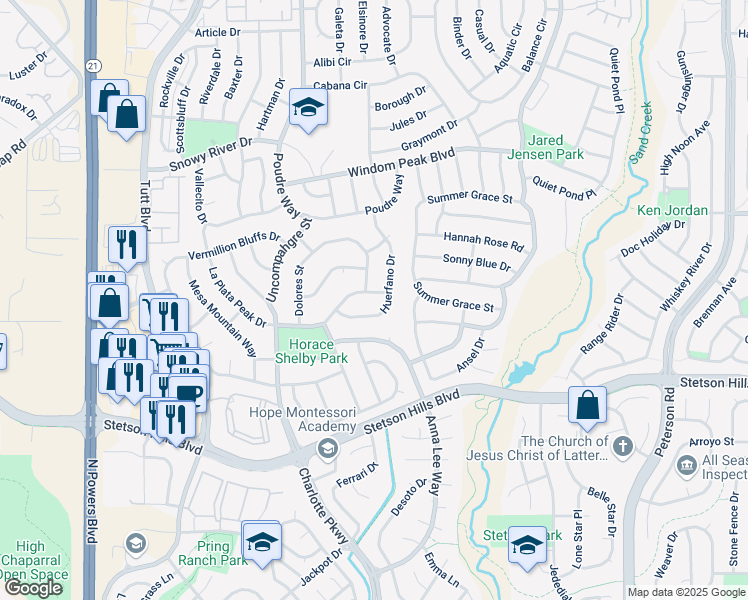 map of restaurants, bars, coffee shops, grocery stores, and more near 6651 La Plata Peak Drive in Colorado Springs