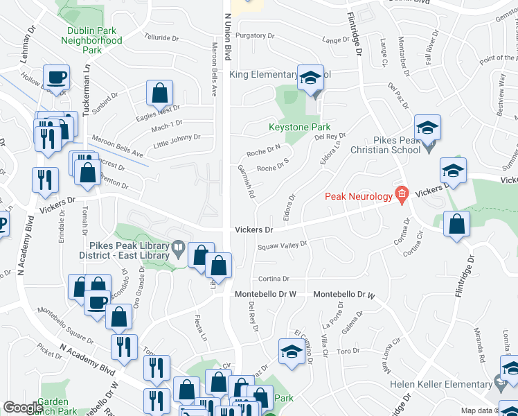 map of restaurants, bars, coffee shops, grocery stores, and more near 5747 North Academy Boulevard in Colorado Springs