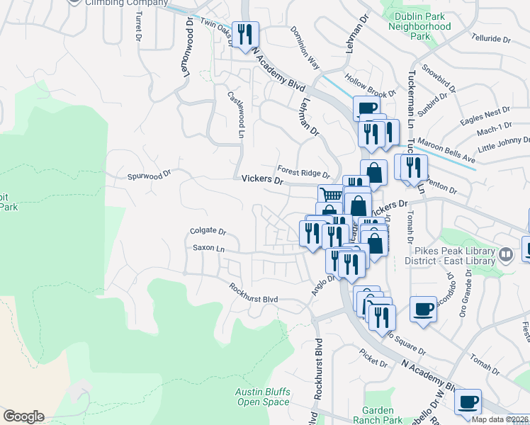 map of restaurants, bars, coffee shops, grocery stores, and more near 5702 Appalachian View in Colorado Springs