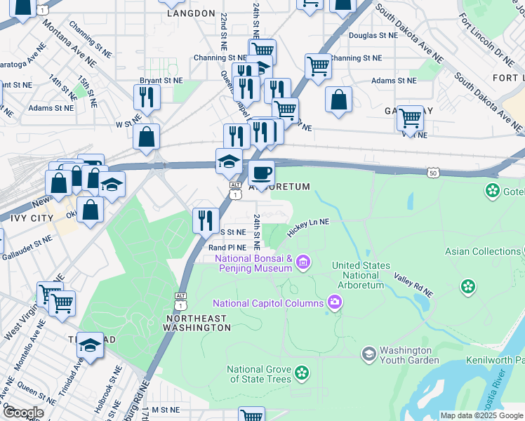 map of restaurants, bars, coffee shops, grocery stores, and more near 101 Independence Avenue Southeast in Washington