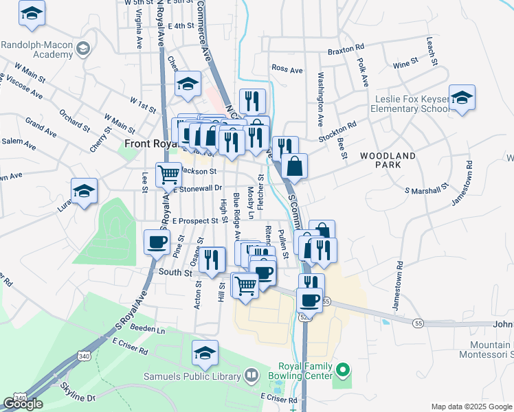 map of restaurants, bars, coffee shops, grocery stores, and more near 242 Fletcher Street in Front Royal