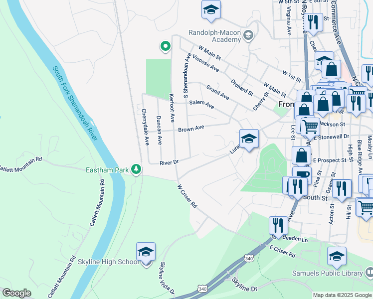 map of restaurants, bars, coffee shops, grocery stores, and more near 425 South Shenandoah Avenue in Front Royal