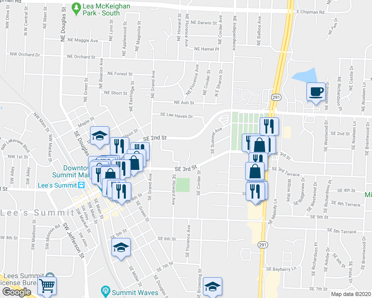map of restaurants, bars, coffee shops, grocery stores, and more near 242 Southeast Florence Avenue in Lee's Summit