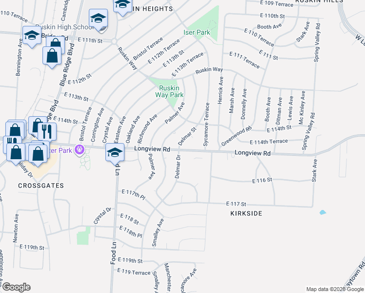 map of restaurants, bars, coffee shops, grocery stores, and more near 11505 Delmar Drive in Kansas City