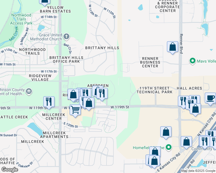 map of restaurants, bars, coffee shops, grocery stores, and more near 17500 West 119th Street in Olathe