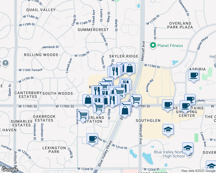 map of restaurants, bars, coffee shops, grocery stores, and more near 7106 W 119th St in Overland Park