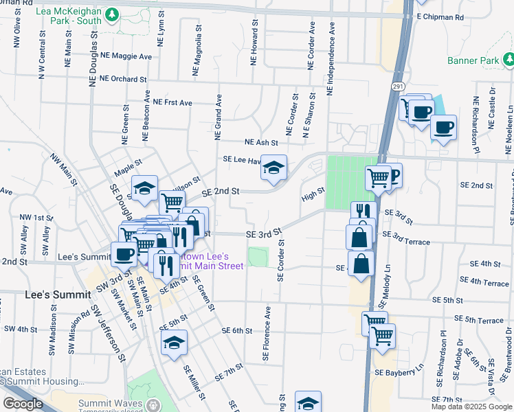 map of restaurants, bars, coffee shops, grocery stores, and more near 502 Southeast Florence Avenue in Lee's Summit