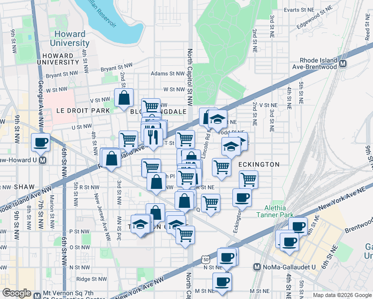 map of restaurants, bars, coffee shops, grocery stores, and more near 101 Independence Avenue Southeast in Washington